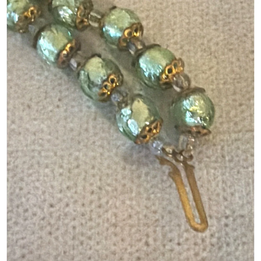 Vintage MURANO GLASS NECKLACE & CLIP EARRINGS Venetian Green Gold-Mario Sanzogno